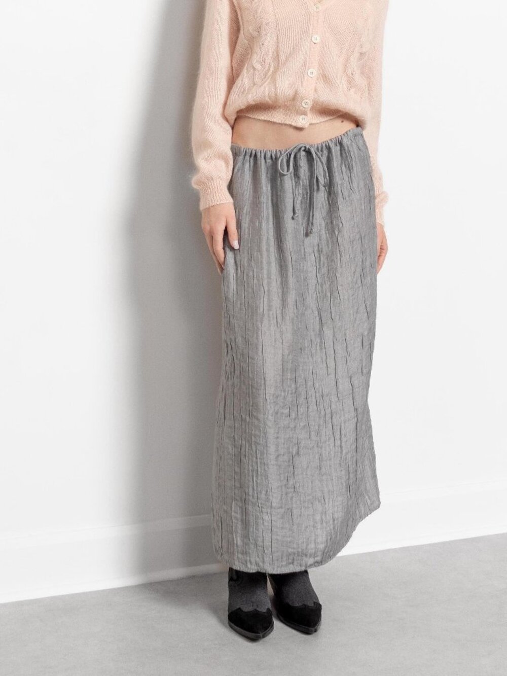CRINKLE LINEN MAXI Skirt Vintage Low Rise Light / Small Medium - Picture 2 of 10